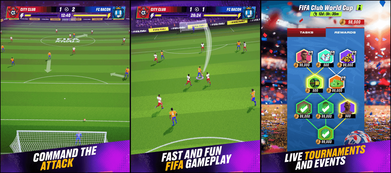 Rozgrywka w FIFA Rivals: Piłka nożna na żywo, szybkie mecze, nagrody i turnieje. Gracze kontrolują swój zespół i zbierają cyfrowe nagrody.
