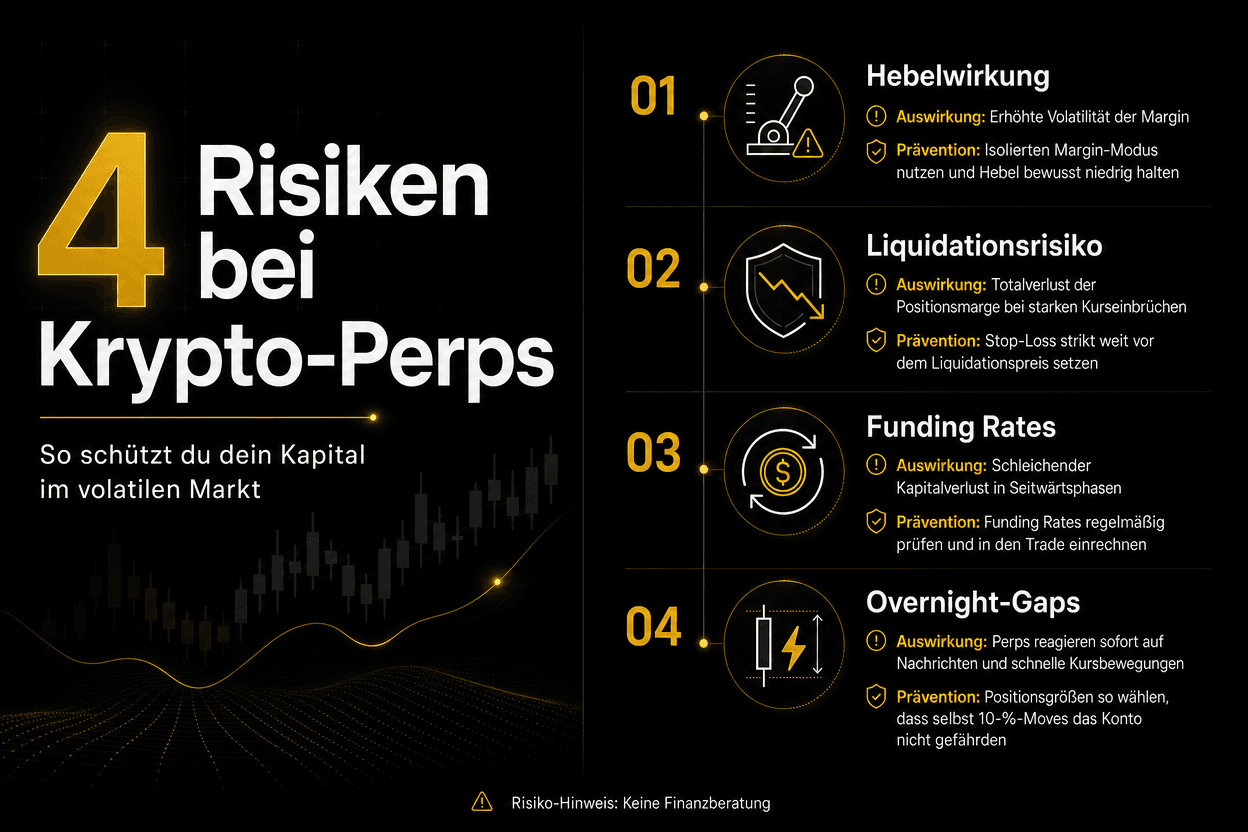 4 ryzyka związane z krypto perps. Skutki i zapobieganie dla dźwigni, ryzyka likwidacji, funding rates i luk nocnych.