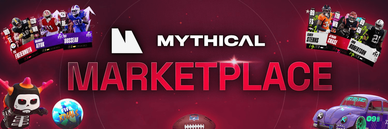 Baner Mythical Marketplace z kartami graczy NFT z NFL Rivals, FIFA Rivals, zasobami w grze i cyfrowymi przedmiotami kolekcjonerskimi dla gier Web3.