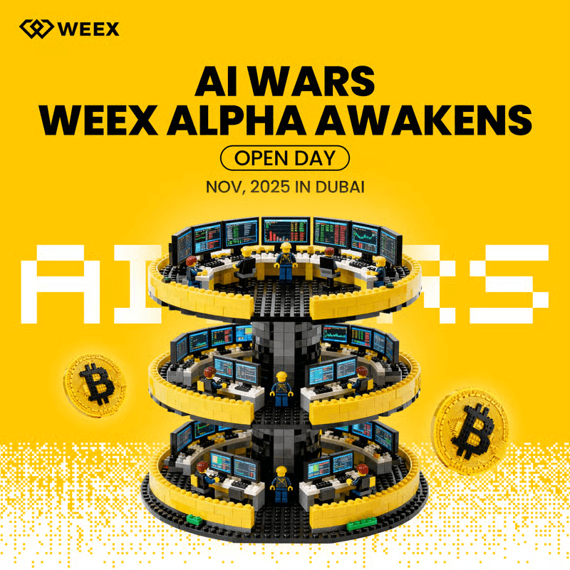 Plakat wydarzenia 'AI Wars – WEEX Alpha Awakens' z giełdą LEGO, wieloma monitorami i symbolami Bitcoina, ogłoszenie na listopad 2025 w Dubaju.