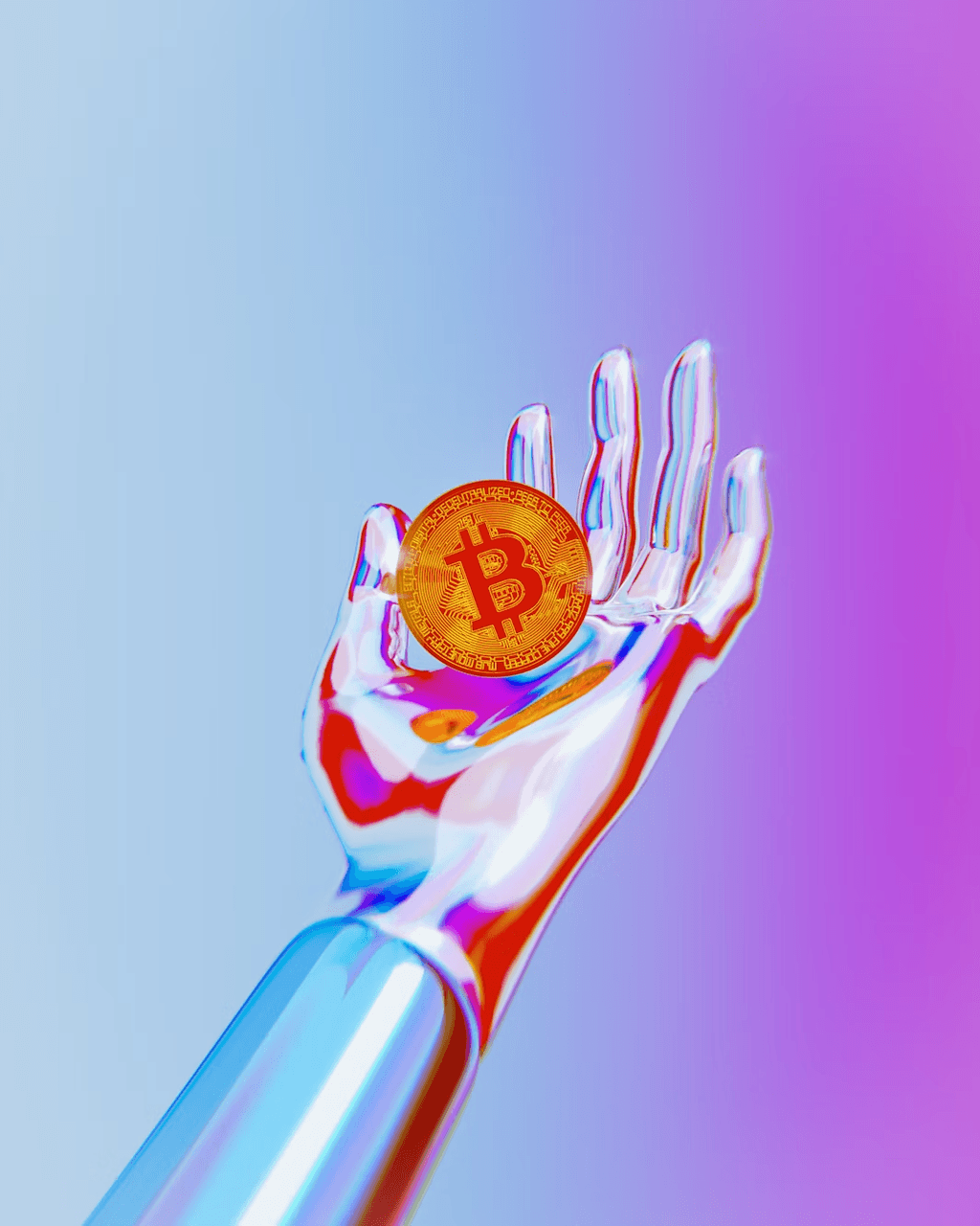 Futurystyczna, przezroczysta dłoń trzymająca złotą monetę Bitcoin na tle kolorowego gradientu niebieskiego, różowego i fioletowego.