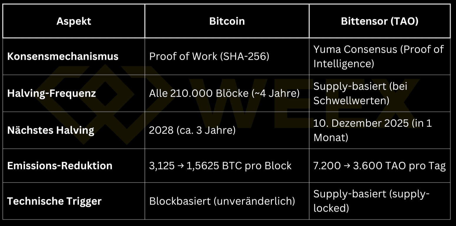 Bitcoin halvinguje się blokowo co ~4 lata, Bittensor halvinguje się podażowo przy progach. Następny halving TAO: 10 grudnia 2025. Oba zmniejszają emisję o około 50%.