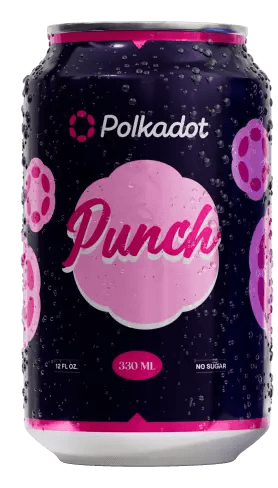 Puszka napoju Polkadot Punch w kolorze różowym i ciemnoniebieskim z kroplami wody, nowoczesny design i branding Polkadot, napój orzeźwiający 330 ml.