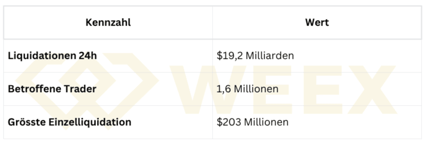 Tabela z kluczowymi danymi o likwidacjach krypto: 19,2 mld USD w 24 godziny, 1,6 mln poszkodowanych traderów, największa pojedyncza likwidacja 203 mln USD.