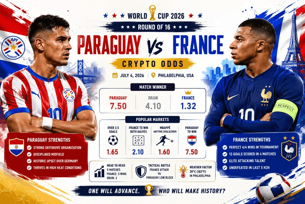Kursy kryptowalutowe Paragwaj vs. Francja: Analiza zakładów na Mistrzostwa Świata 2026