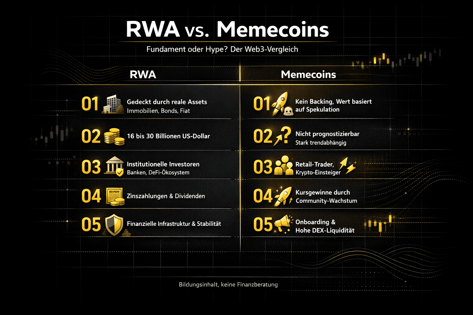Infografika: RWA vs. Memecoiny – porównanie Web3 w 5 punktach (pokrycie aktywami rzeczywistymi vs. spekulacja, wielkość rynku vs. zależność od trendów).