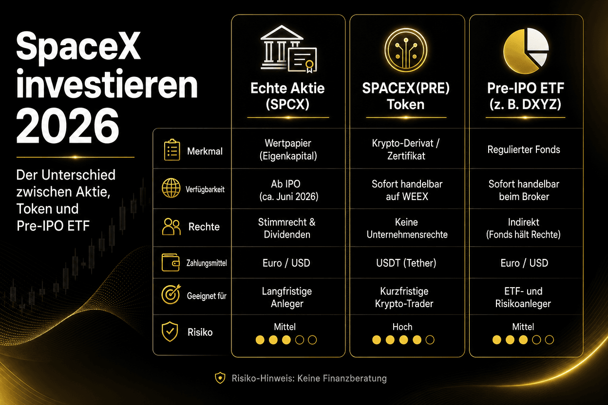 Porównanie SpaceX 2026: Akcje (SPCX) vs. token SPACEX(PRE) vs. ETF pre-IPO. Prawa, dostępność, przydatność i ryzyka.
