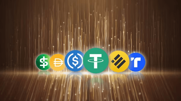 Ikony wiodących stablecoinów, takich jak USDC, EURC, USD, Tether i Binance w złotym świetle, symbol stablecoinów, płatności krypto i cyfrowego ekosystemu finansowego.