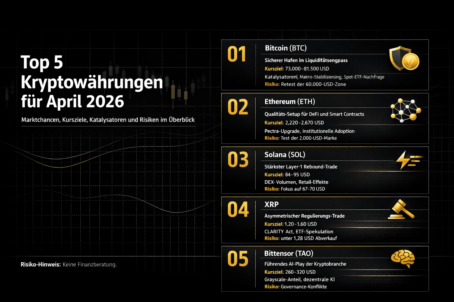 Ranking: Top 5 kryptowalut na kwiecień 2026 (Bitcoin, Ethereum, Solana, XRP, Bittensor) z szansami rynkowymi, celami cenowymi, katalizatorami i ryzykiem.