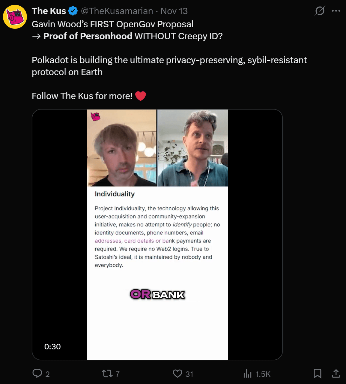 Tweet o propozycji Gavina Wooda dotyczącej 'Proof of Personhood' bez dowodu osobistego. Dwóch mówców podczas rozmowy wideo, skupienie na prywatności i odporności na ataki Sybil w Polkadot.
