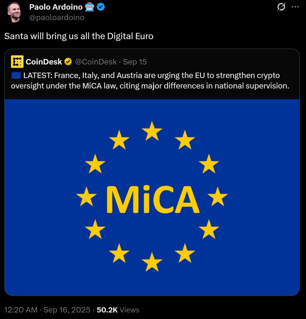 Tweet Paolo Ardoino dotyczący „cyfrowego euro” z dołączonym postem CoinDesk o zaostrzonym nadzorze MiCA; flaga UE z żółtym napisem „MiCA”.” width=