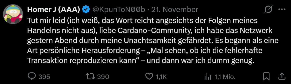 Tweet o problemie z siecią Cardano, gdzie użytkownik przyznaje się do nieostrożności i publicznie przeprasza społeczność Cardano.