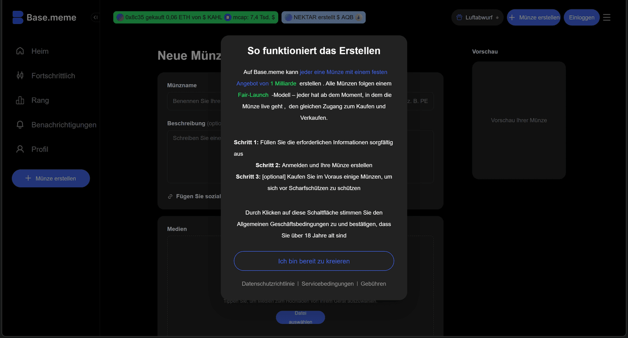 Pop-up on Base.meme explains creating a new coin with 1 billion supply and a fair launch model.