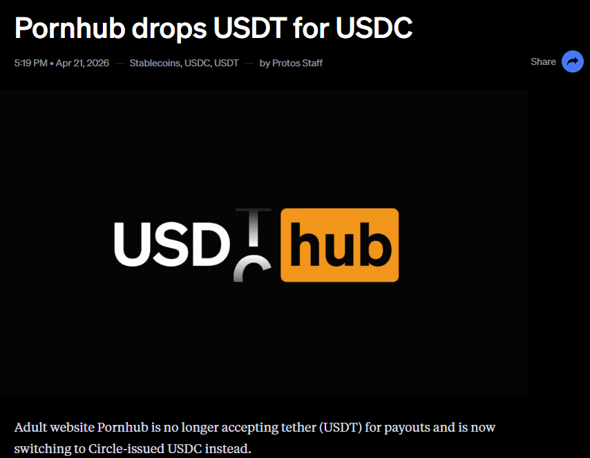 Przejście Pornhub z USDT na USDC: co to oznacza dla stablecoinów